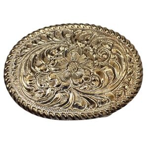 Vtg Crumrine El Arturo Bronze Western Belt Buckle Gold Floral Scroll Rope Edge